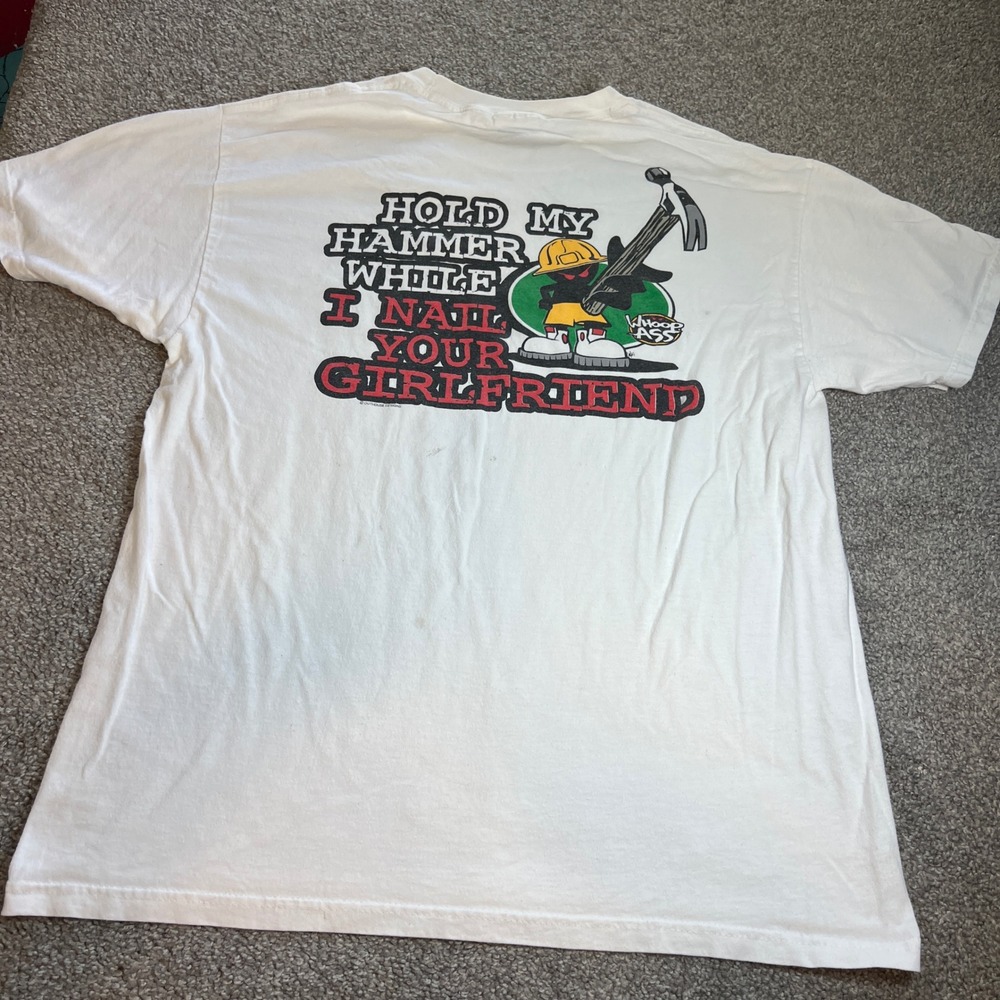 vtg Hanes Whoop Ass Shirt Mens Large White Rude Graphic Hammer Tee 90s y2k sport